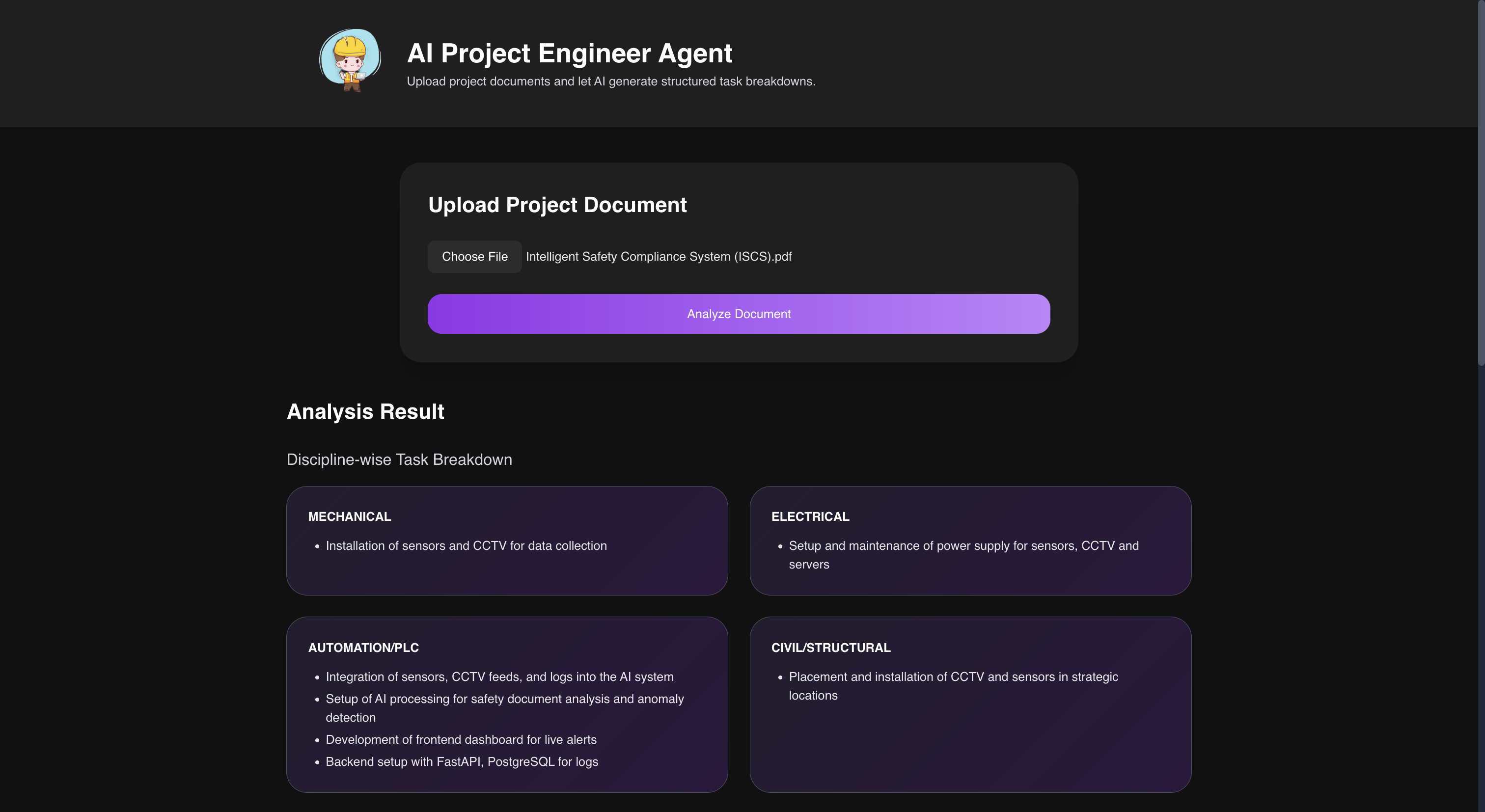 The upload screen with a selected PDF, followed by the discipline-wise task breakdown rendered as cards per engineering discipline.