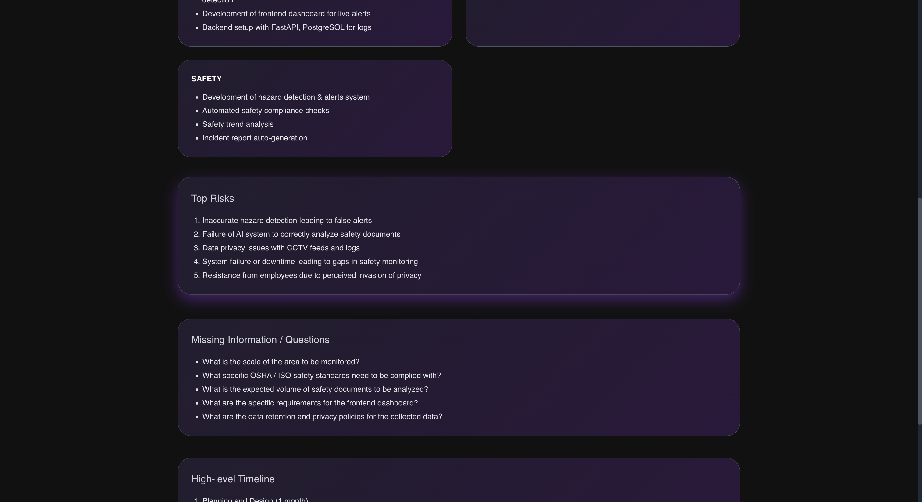 Continued output showing the safety discipline tasks, the ranked list of top execution risks, and the generated client questions.